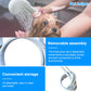 White round handheld shower head with spray face and attached curved hose