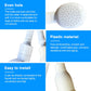 White handheld shower head with round face of small evenly spaced spray holes