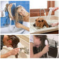 Handheld shower head with white hose, round spray face with multiple nozzle holes