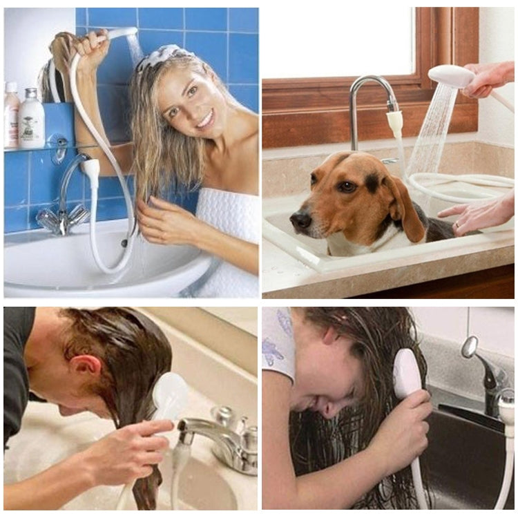 Handheld shower head with white hose, round spray face with multiple nozzle holes