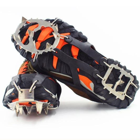 Orange and black ice crampons with 18 metal spikes, for boots, adjustable straps