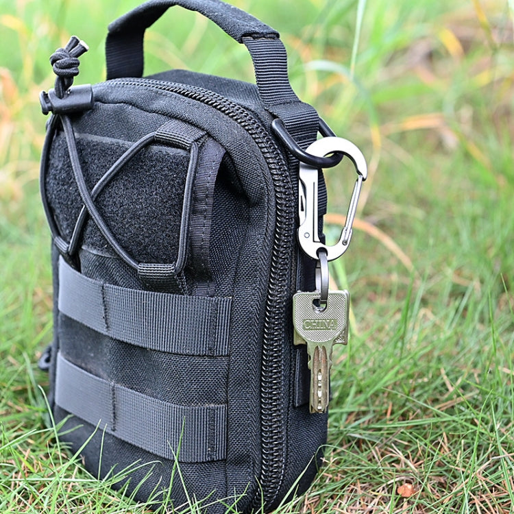 Silver keychain mini knife attached to a nylon pouch with key ring