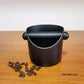 Coffee grounds bucket, dark brown body with black lid and side hand grips