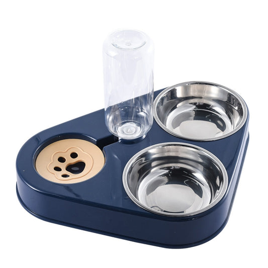 Triangular automatic pet water bowl set with two stainless bowls and clear drinking tube, dark blue