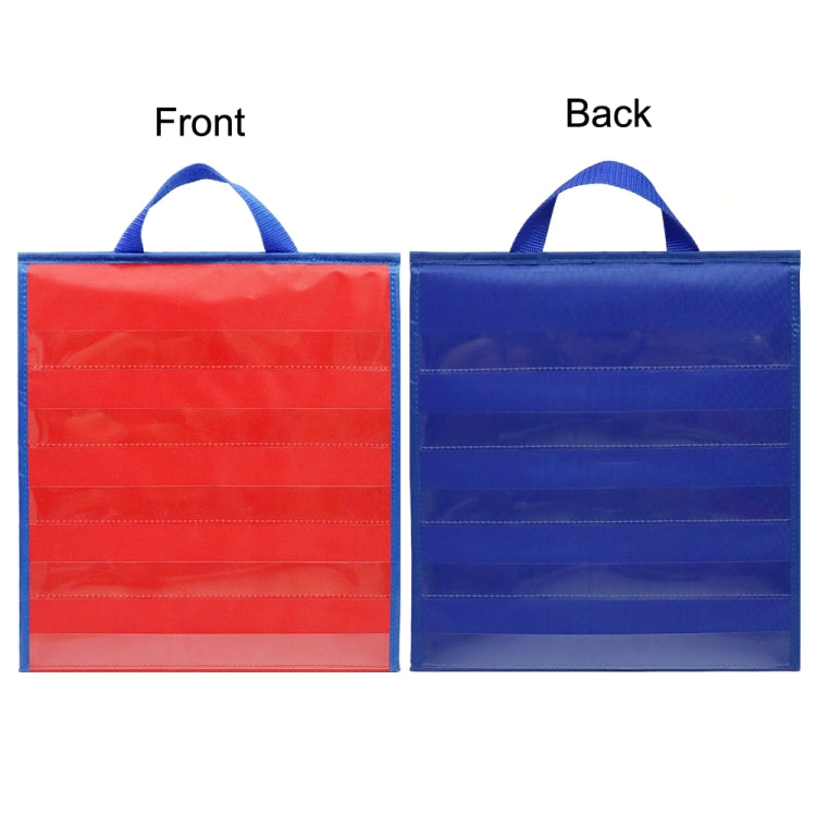 Foldable desktop pocket chart with handle; red front and blue back teaching panels