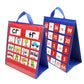 Foldable desktop pocket chart with handle; red letters and blue math number pocket tiles