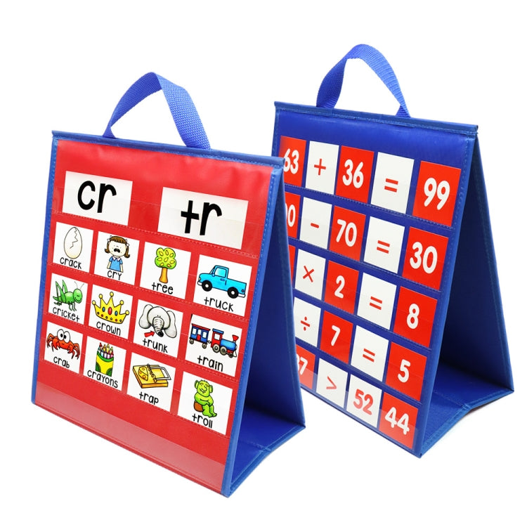 Foldable desktop pocket chart with handle; red letters and blue math number pocket tiles
