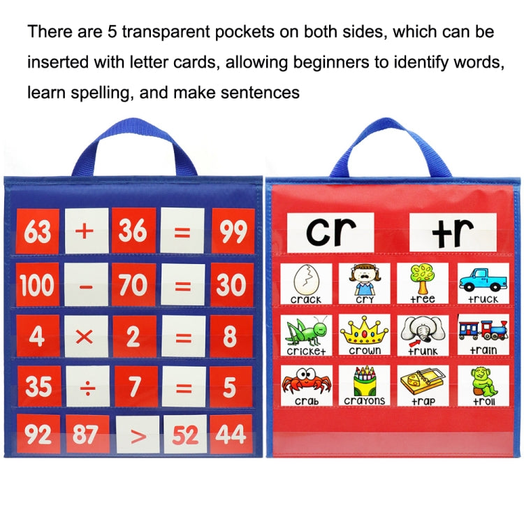 Foldable desktop pocket chart with handle; red and blue sides with transparent card pockets