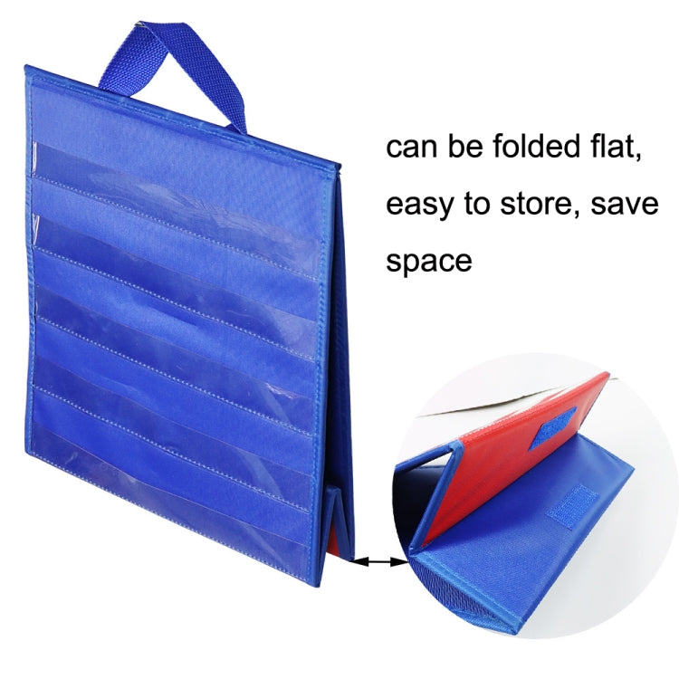 Foldable desktop pocket chart, blue panel with handle, folds flat for storage