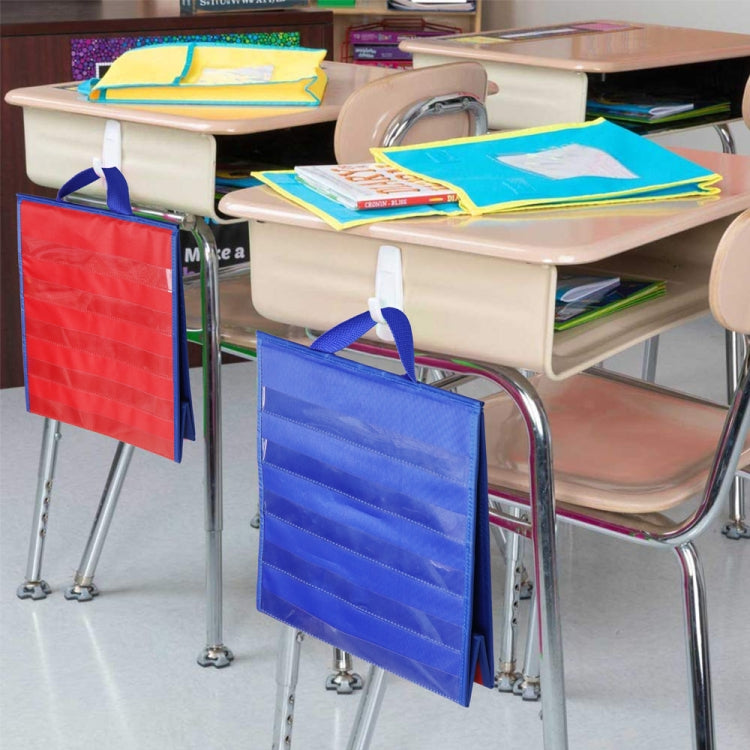 Foldable desktop pocket chart hanging on classroom desk, blue pocket panel with handle