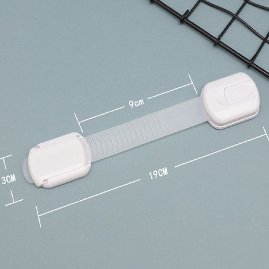 Slide-adjustable drawer safety lock with white housing and adjustable strap