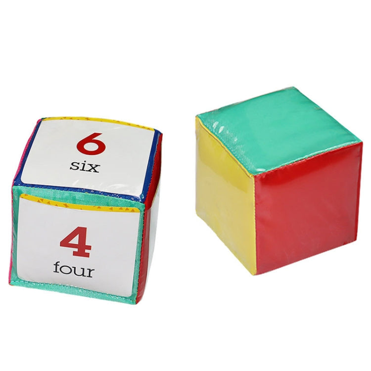 Colorful number foam dice, showing four and six faces, in a set of 2 cubes.