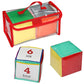 Transparent zip storage case with two colorful number dice, showing four and six.