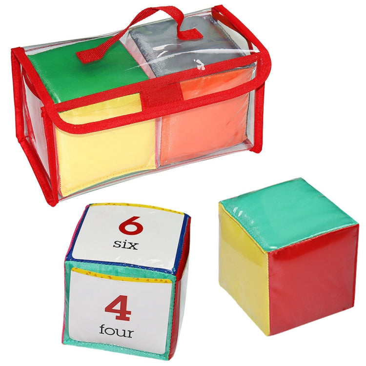 Transparent zip storage case with two colorful number dice, showing four and six.