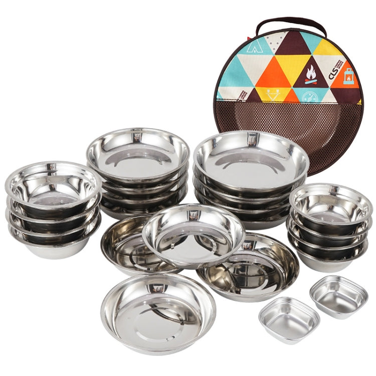Stainless steel dinner plate set with stacked round plates, shiny mirror finish