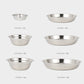 Assorted stainless steel dinner plates, four round sizes shown