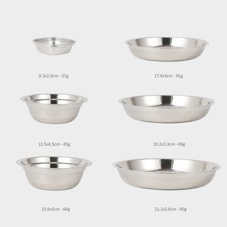 Assorted stainless steel dinner plates, four round sizes shown