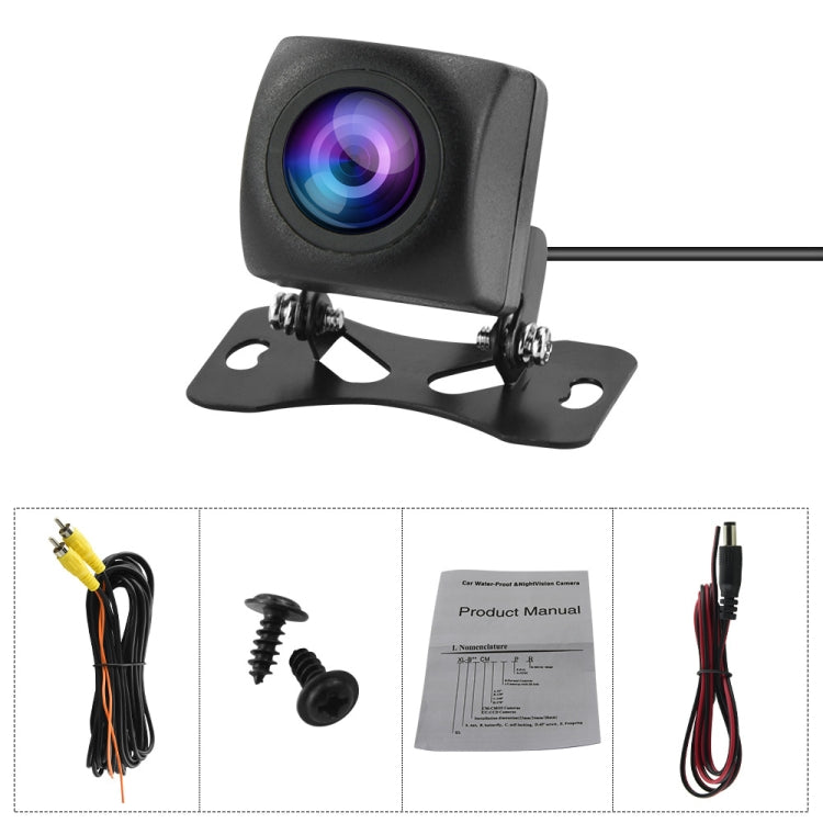 Black car rear camera with metal mounting bracket and included wiring kit