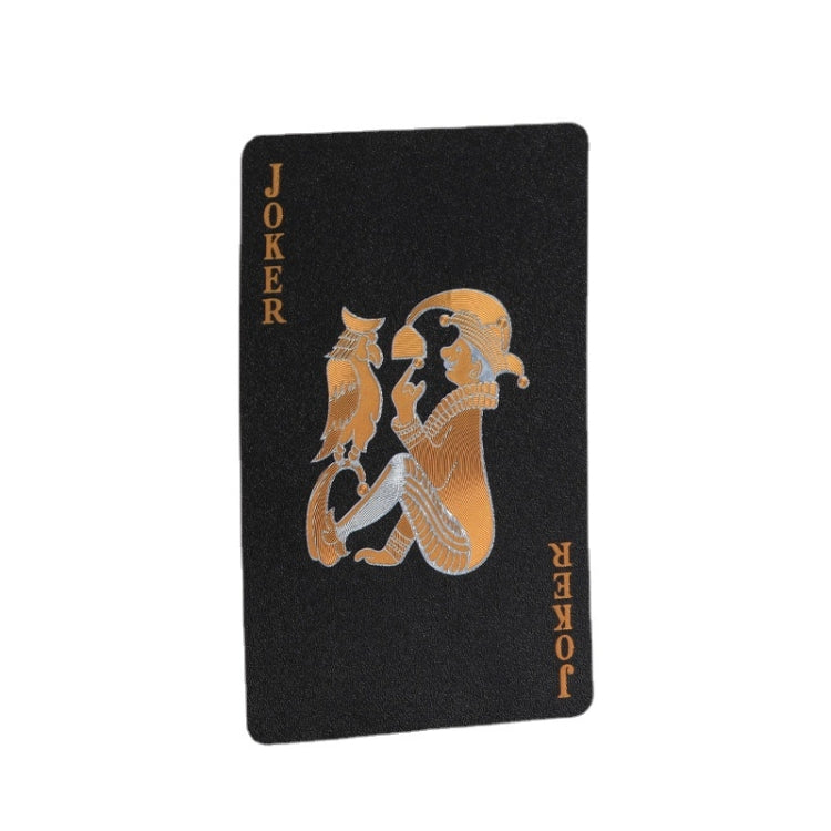 Single black playing card featuring gold JOKER artwork and suit details