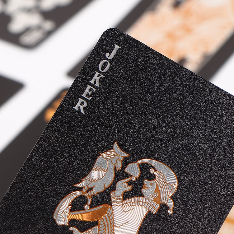Close-up of black playing card corner with gold JOKER text and court illustration