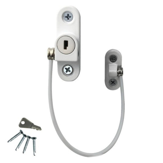 White window safety lock with flexible tether, mounting screws and key included