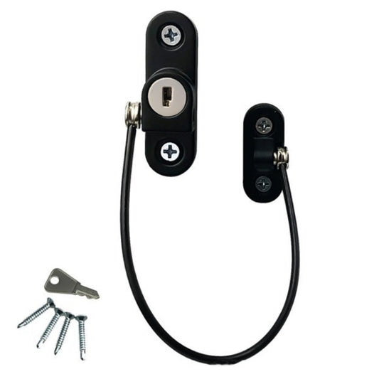 Black window safety lock with flexible tether, mounting screws and key included