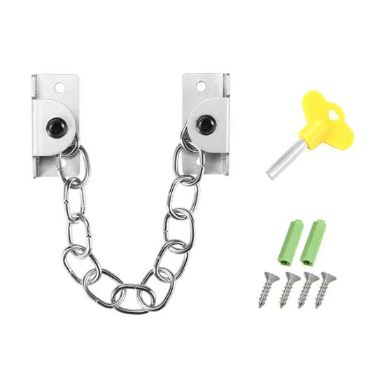 Stainless steel window limit chain lock set with silver frame, yellow key, screws