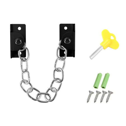 Stainless steel window limit chain lock set with black frame, yellow key, screws