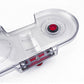Clear water tank section with red central valve and metal mounting bar
