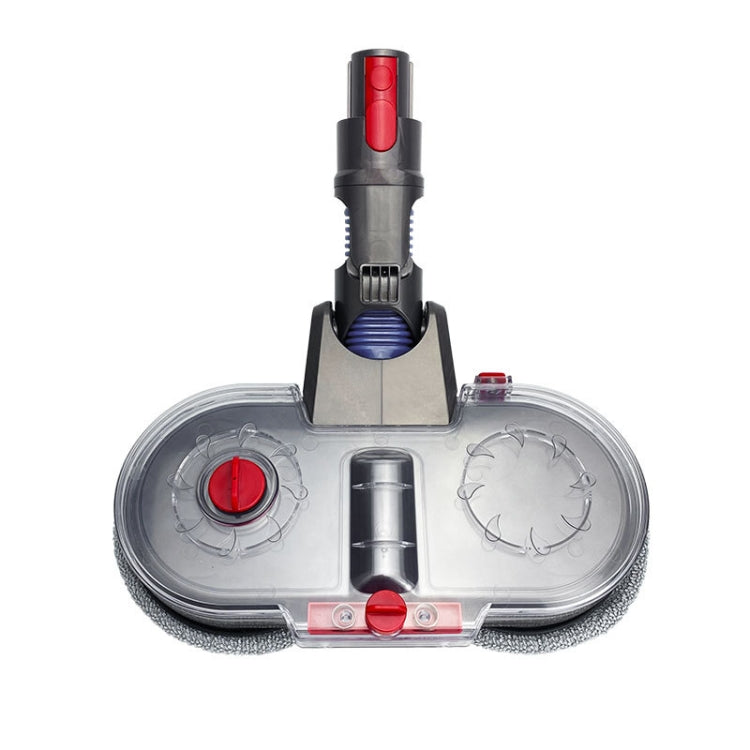 Clear mop water tank with red central valve, nozzle opening, and side brushes