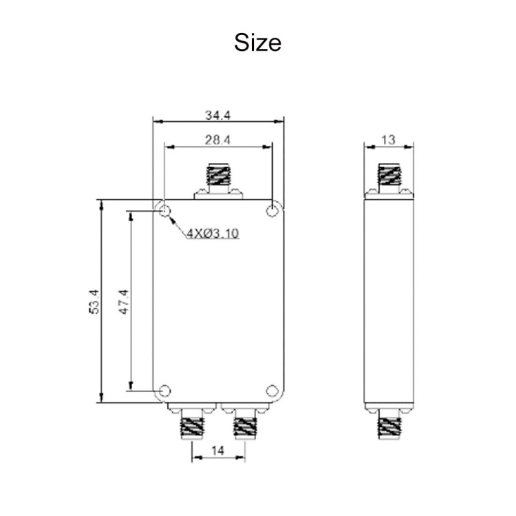 RF microstrip power splitter size diagram with labeled measurements and screw positions