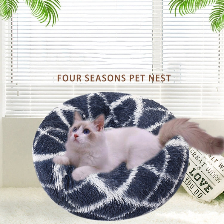 Long-haired round pet bed, dark blue and white patterned plush nest
