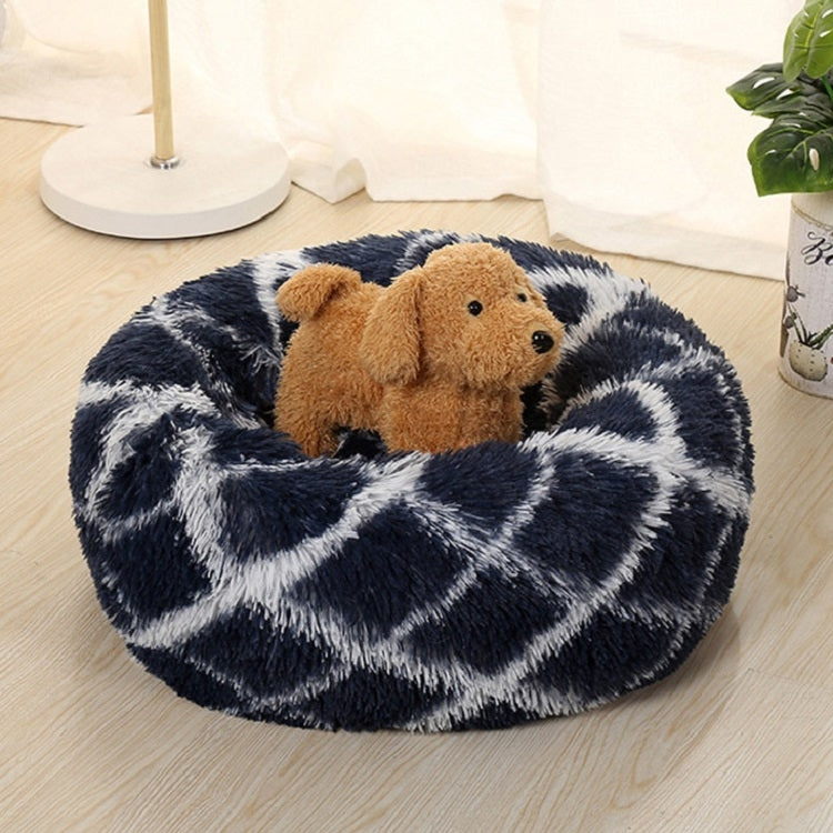Long-haired round pet bed, dark blue and white patterned plush with long shag top