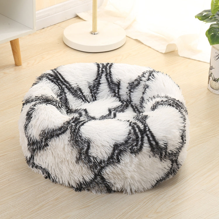 Long-haired round pet bed, white and dark gray patterned plush with long shag cushion