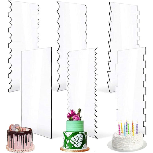 Clear acrylic cake scraper tool set with wavy and straight smoothing edges