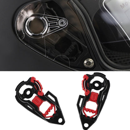 Motorcycle helmet lens base adapter, black housing with metal ring and red insert