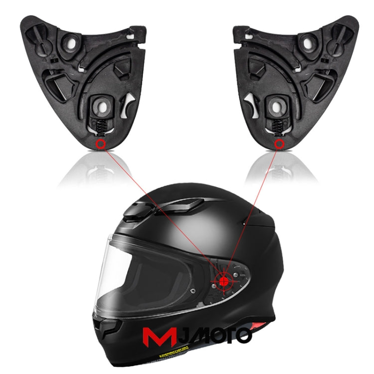 Motorcycle helmet lens base adapters shown on helmet, two-piece black with red accents