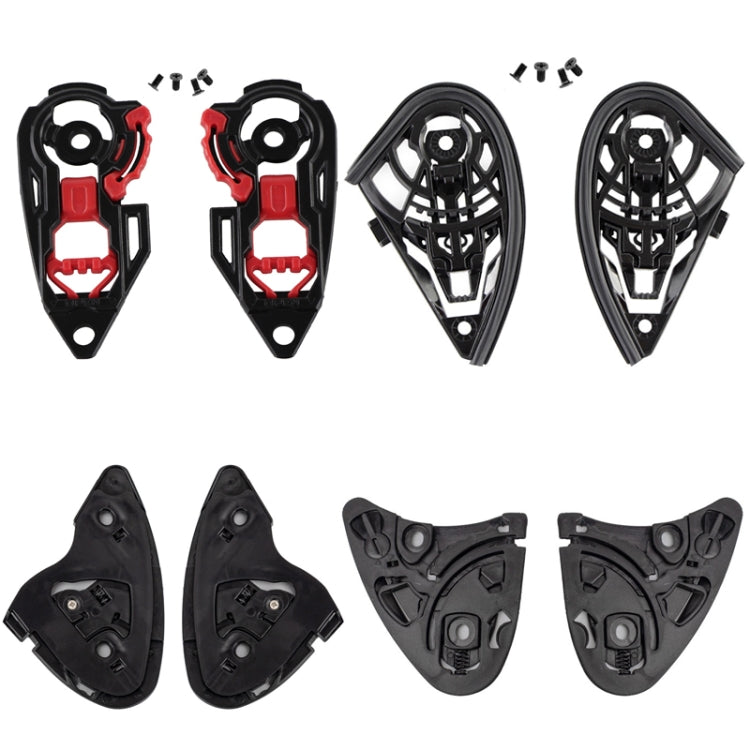 Set of motorcycle helmet lens base parts, multiple black pieces with red inserts