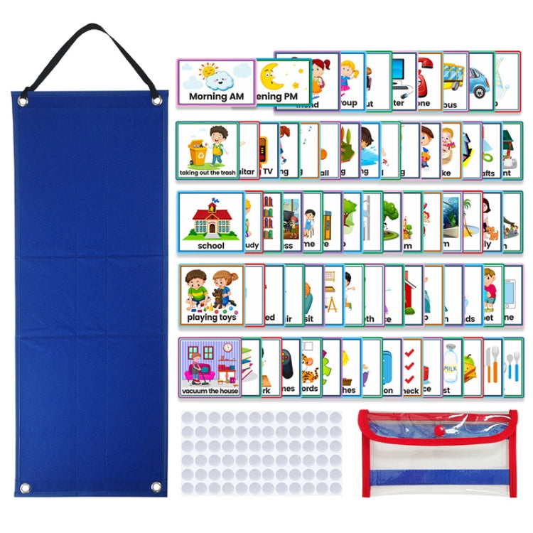 Blue hanging visual daily work planner bag with morning/evening activity cards