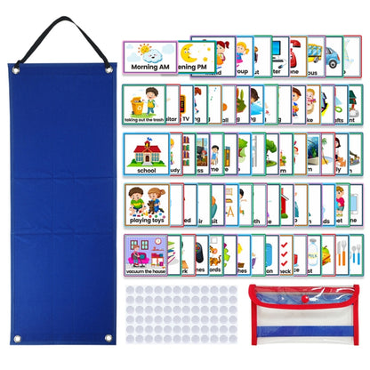 Blue hanging visual daily work planner bag with morning/evening activity cards