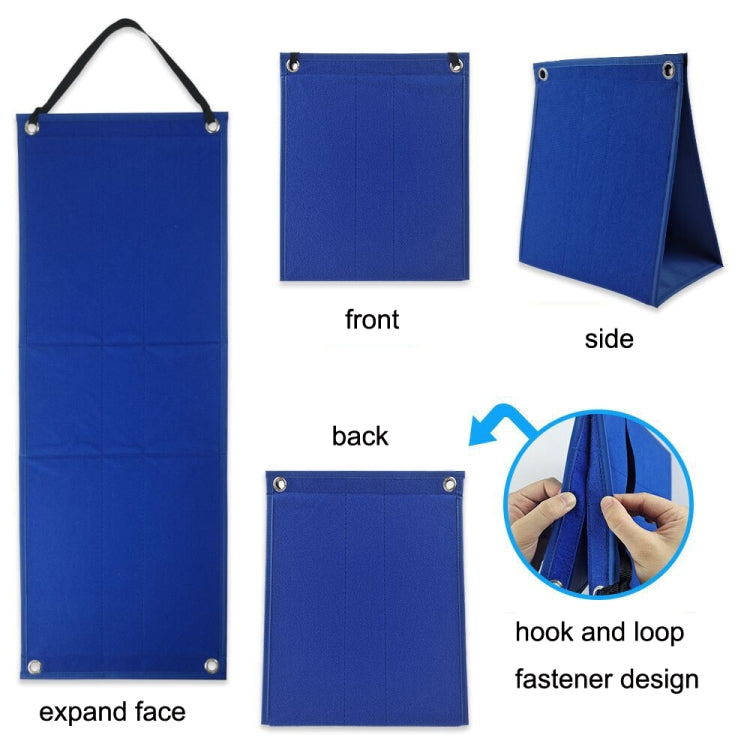 Blue hanging planner bag views with hook-and-loop fastener and top hanging loops