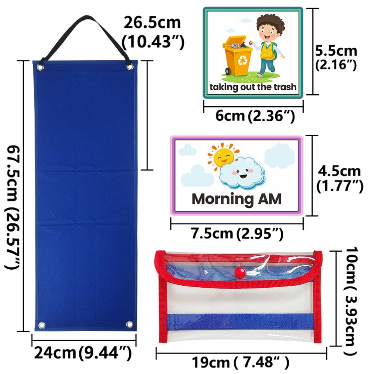 Blue hanging planner bag with labeled activity card slots and daily work chart