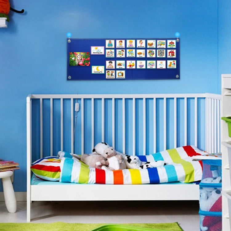 Blue hanging visual planner board with activity card pockets and Morning AM panel