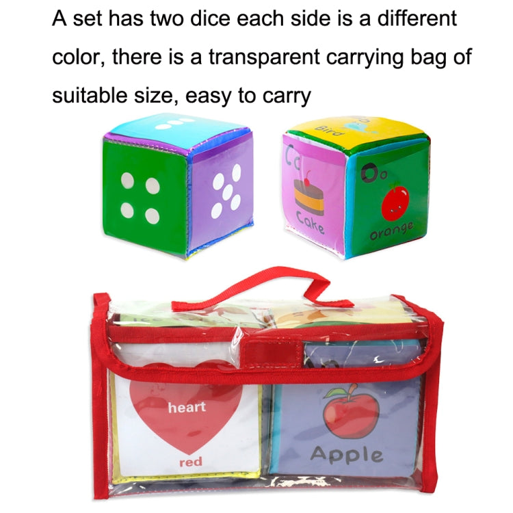 Two cube dice and a clear carrying pouch with letter and picture cards