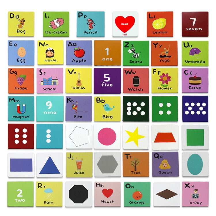 Alphabet, number, and graphic color learning cards in a mixed grid