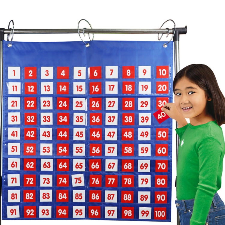 Toddler number learning hanging bag, blue fabric with 1–100 grid cards