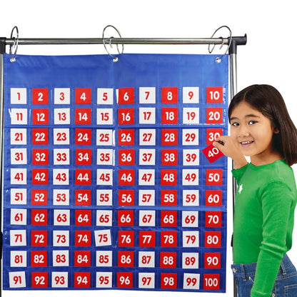 Toddler number learning hanging bag, blue fabric with 1–100 grid cards