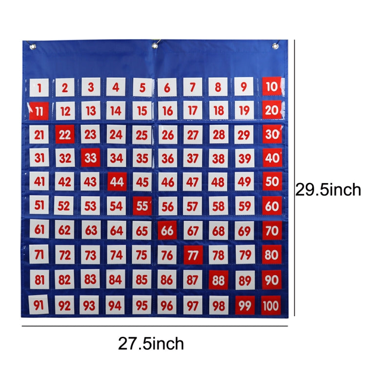 Toddler number learning hanging bag, blue fabric grid 1–100; size 27.5 in