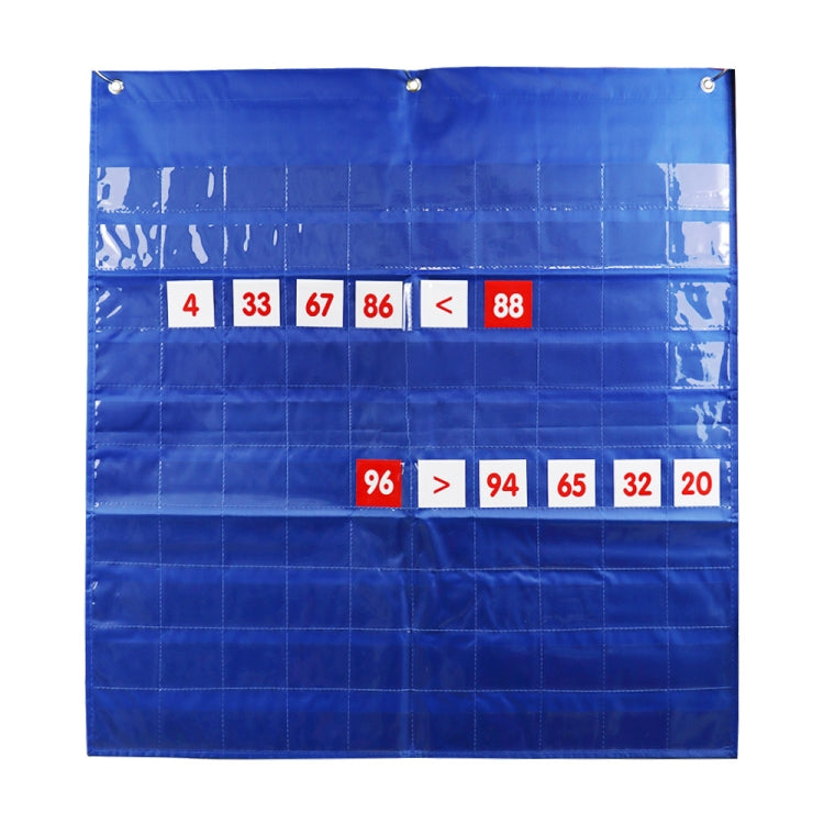 Toddler number learning hanging bag, blue fabric with compare arrow cards and numbers