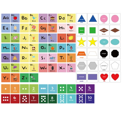 Colorful alphabet and number learning cards with matching picture icons